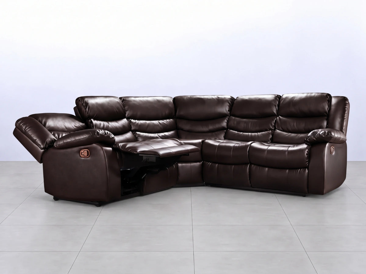 Brown Model R Recliner Corner Sofa by Gamzo Outlet showing plush upholstery and spacious seating in a modern living room setting.