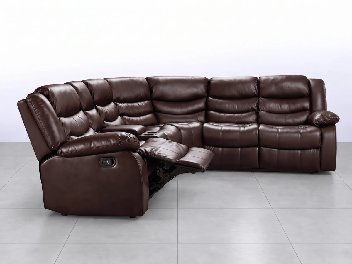 Brown Model R Recliner Corner Sofa by Gamzo Outlet showing plush fabric upholstery and spacious sectional design.