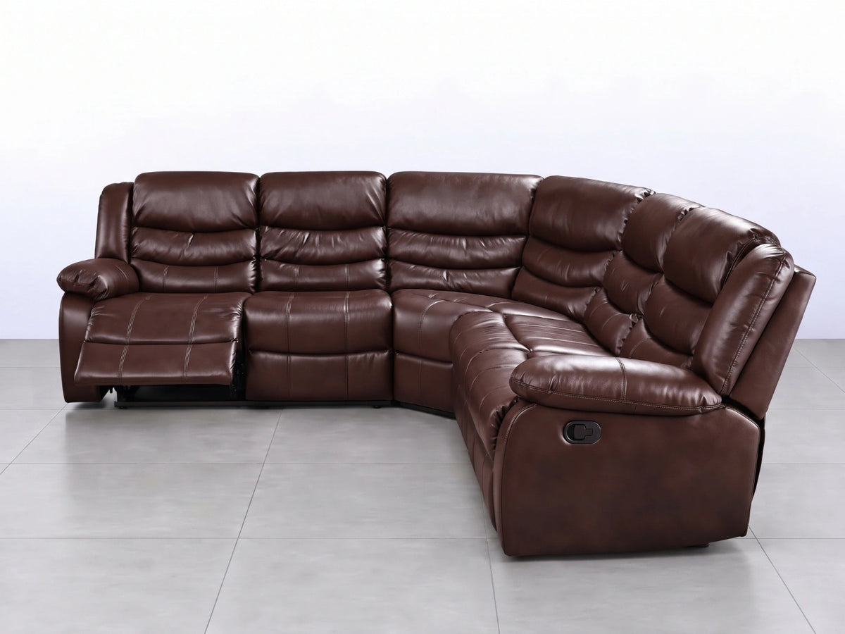 Brown Model R Recliner Corner Sofa by Gamzo Outlet, showing plush fabric upholstery and spacious seating in a modern living room setting.
