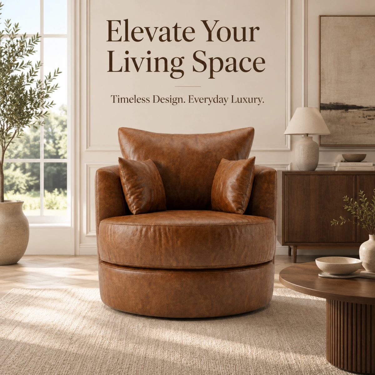 Brown Dillon leather swivel sofa chair with a modern design, featuring a cushioned seat and a rotating base.