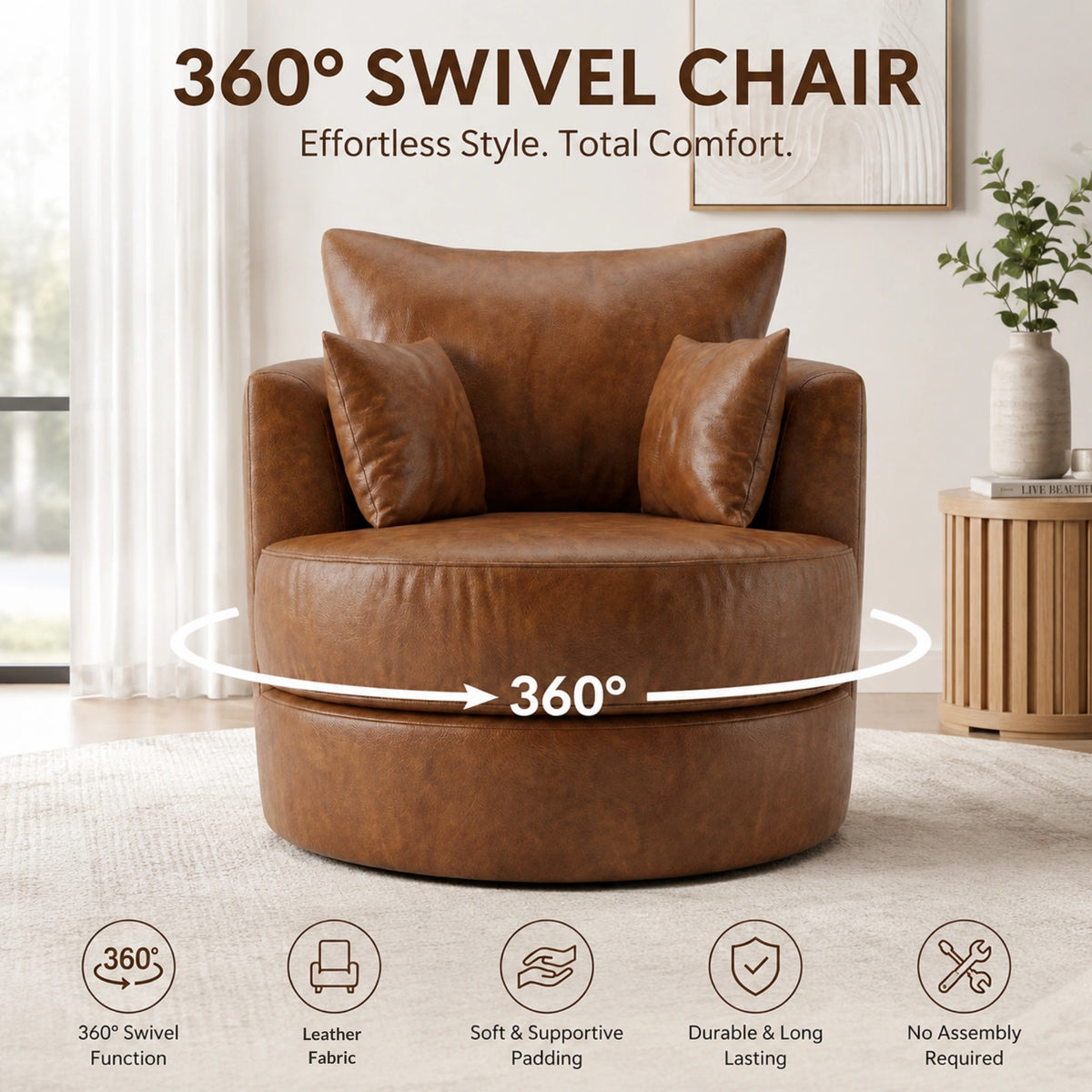 Brown Dillon leather swivel chair by Gamzo Outlet, showcasing a comfortable, modern sofa with a smooth swivel base and plush cushioning.