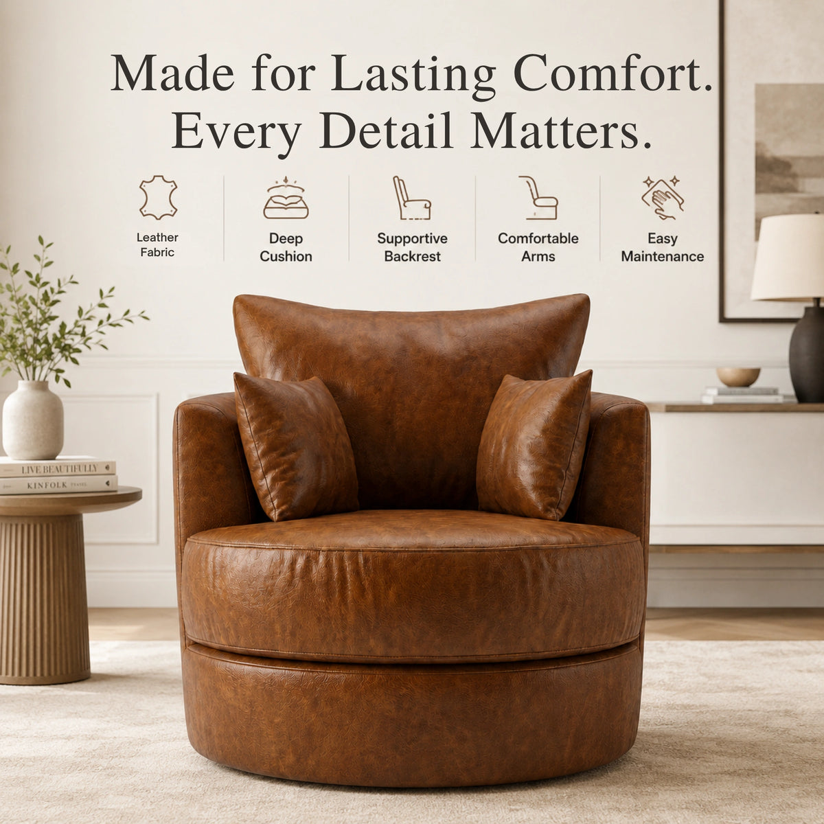 Brown Dillon leather swivel chair by Gamzo Outlet, showcasing its plush cushioned seat and sleek swivel base for modern comfort.
