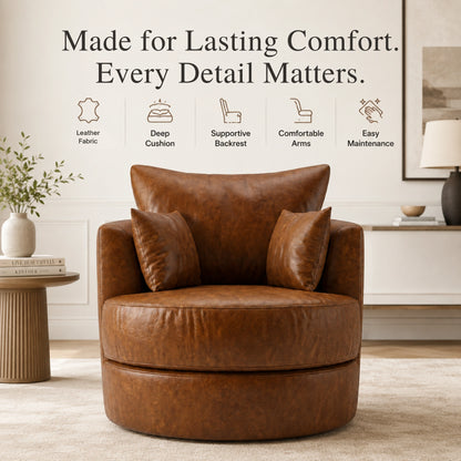 Brown Dillon leather swivel chair by Gamzo Outlet, showcasing its plush cushioned seat and sleek swivel base for modern comfort.