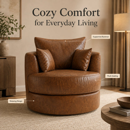 Brown Dillon leather swivel sofa chair with a rounded back and armrests, featuring a metal swivel base and plush cushioning.