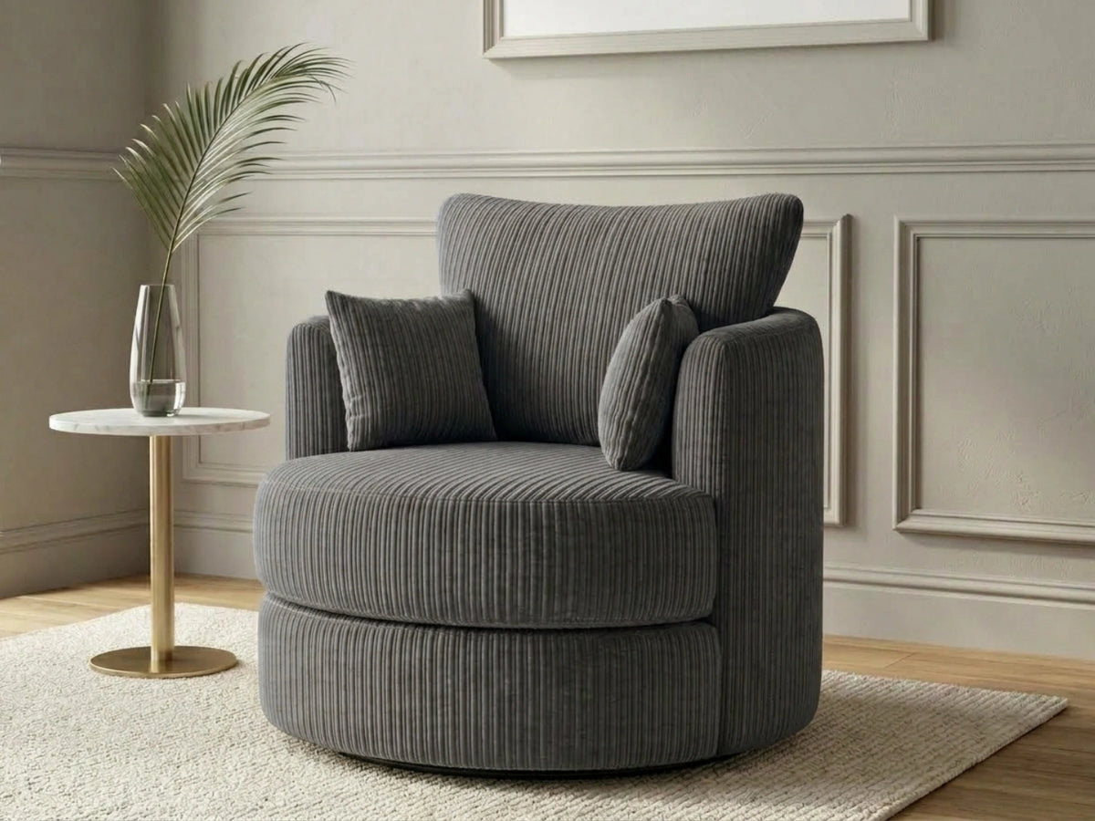 Charcoal grey jumbo cord fabric swivel corner chair from Gamzo Outlet, featuring plush cushioning and modern design.