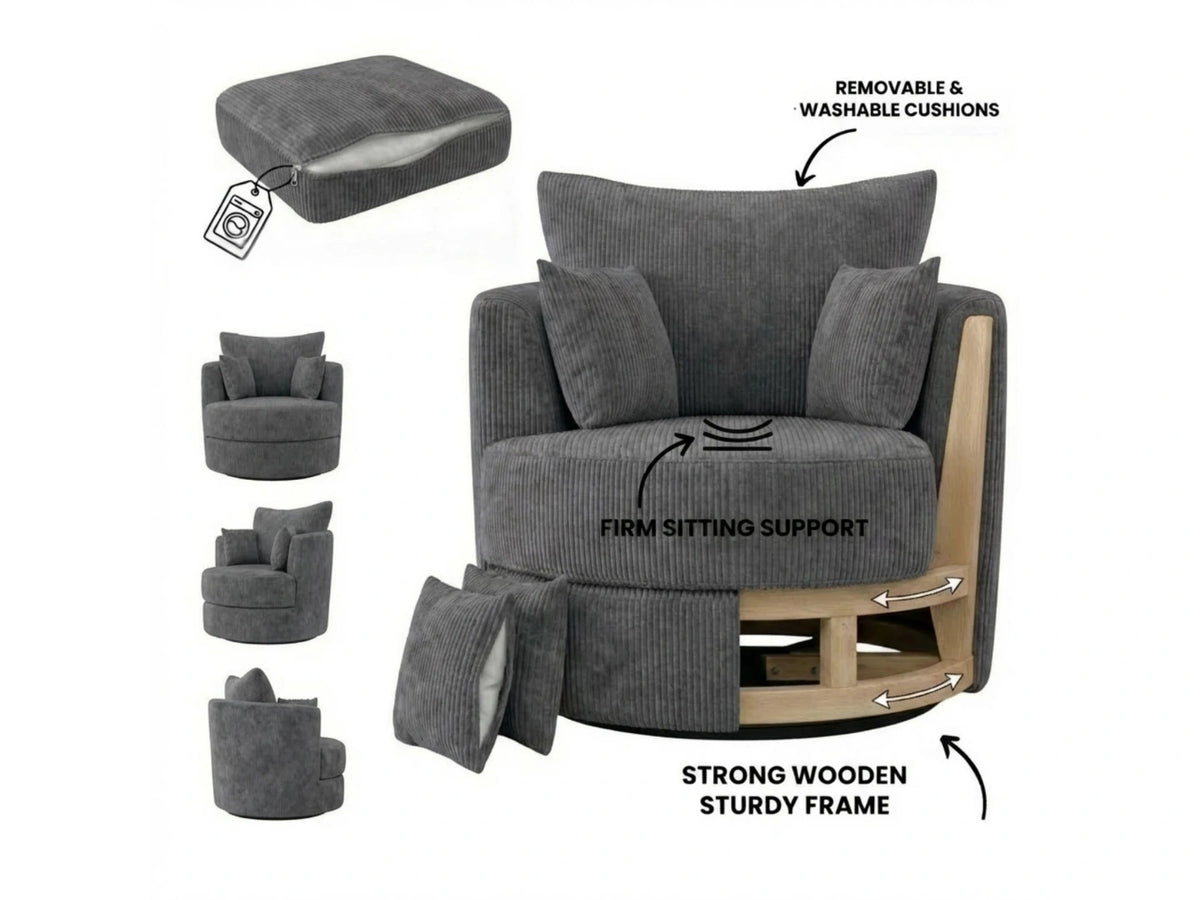 Charcoal grey Gamzo Outlet jumbo cord fabric swivel corner sofa chair with plush cushioning and modern design.