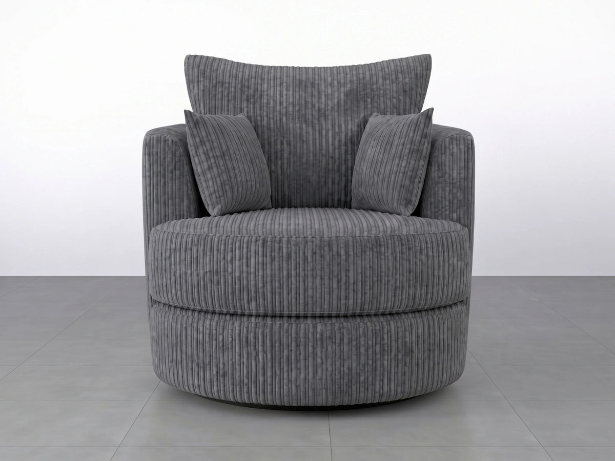 Charcoal grey Jumbo Cord fabric swivel chair from Gamzo Outlet, designed as a comfortable corner sofa piece with a modern look.