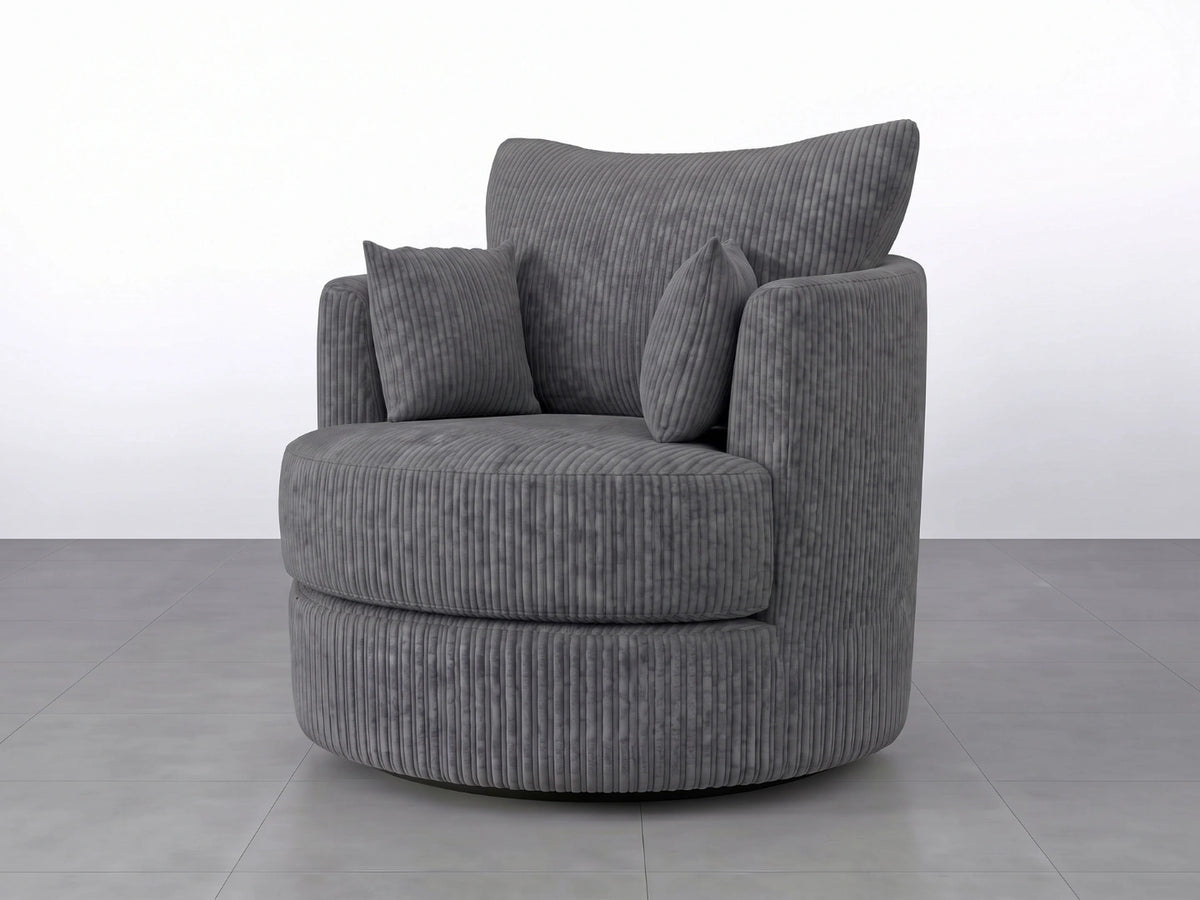 Charcoal grey jumbo cord fabric swivel corner chair from Gamzo Outlet, showcasing plush upholstery and modern design.