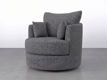 Charcoal grey jumbo cord fabric swivel corner chair from Gamzo Outlet, showcasing plush upholstery and modern design.