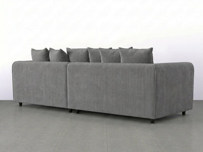 Charcoal grey Gamzo Outlet jumbo cord fabric 4-seater corner sofa with scatter back cushions and modern design.