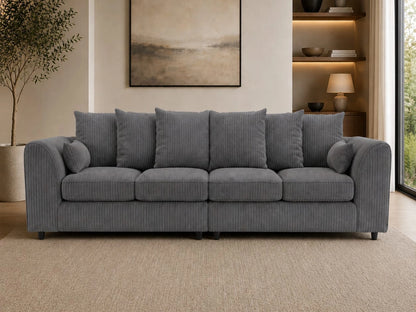 Charcoal grey Gamzo Outlet jumbo cord fabric 4-seater corner sofa with scatter back cushions and modern design.