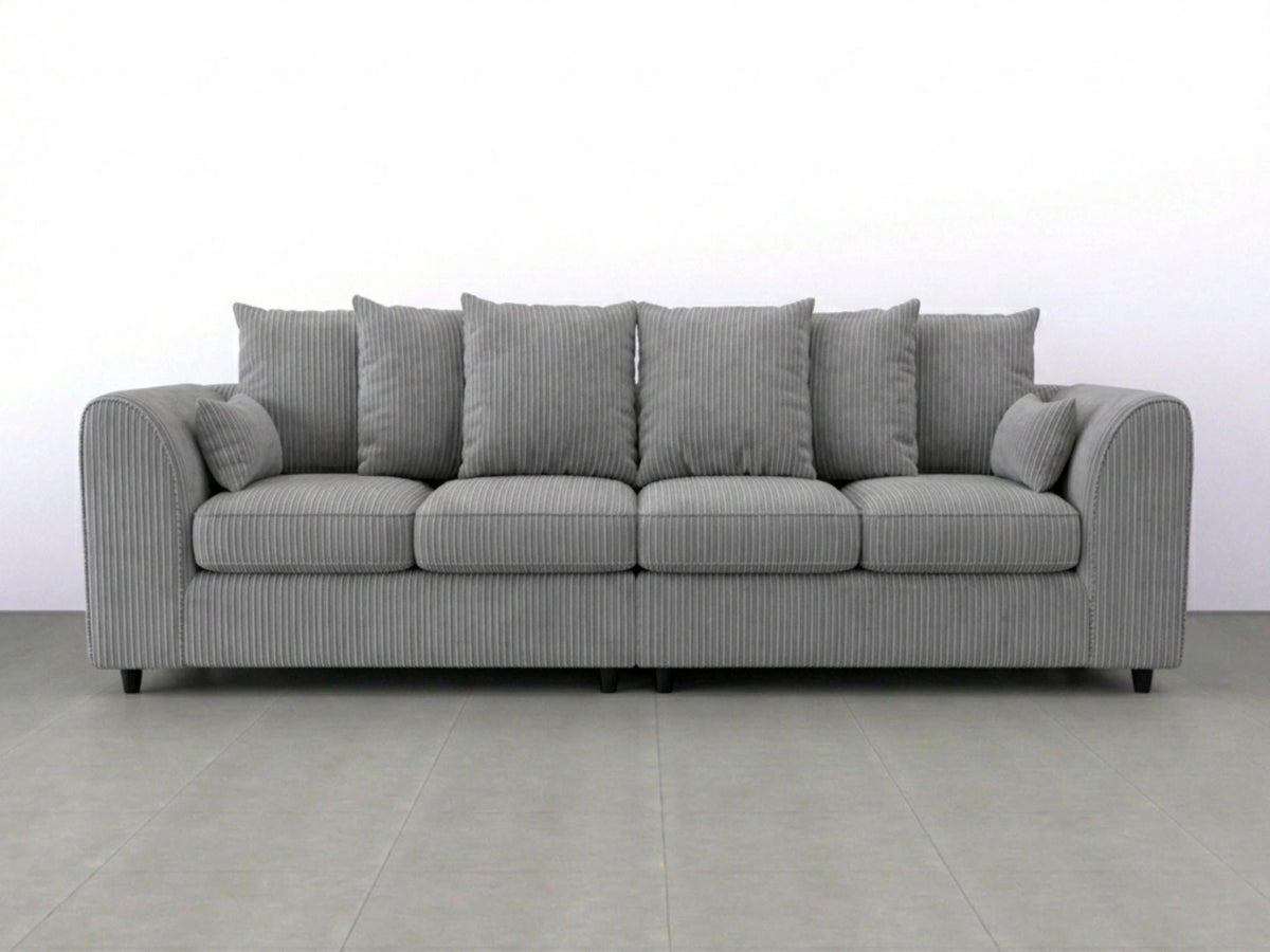 Charcoal grey Gamzo Outlet jumbo cord fabric 4-seater corner sofa with scatter back cushions, designed for comfortable lounging.