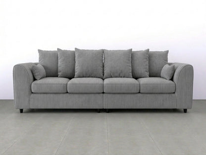 Charcoal grey Gamzo Outlet jumbo cord fabric 4-seater corner sofa with scatter back cushions, designed for comfortable lounging.