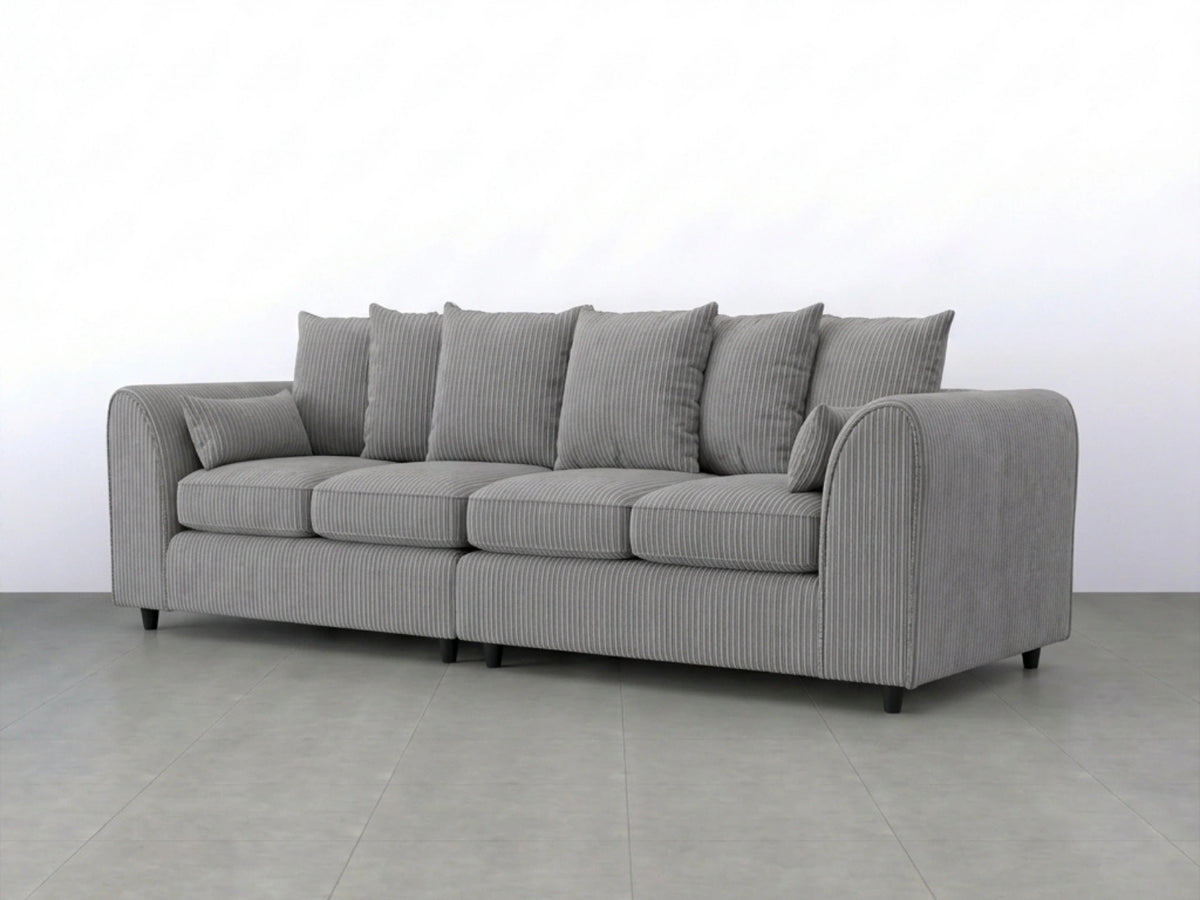 Charcoal grey Gamzo Outlet jumbo cord fabric 4-seater scatter back corner sofa with plush cushions and modern design.