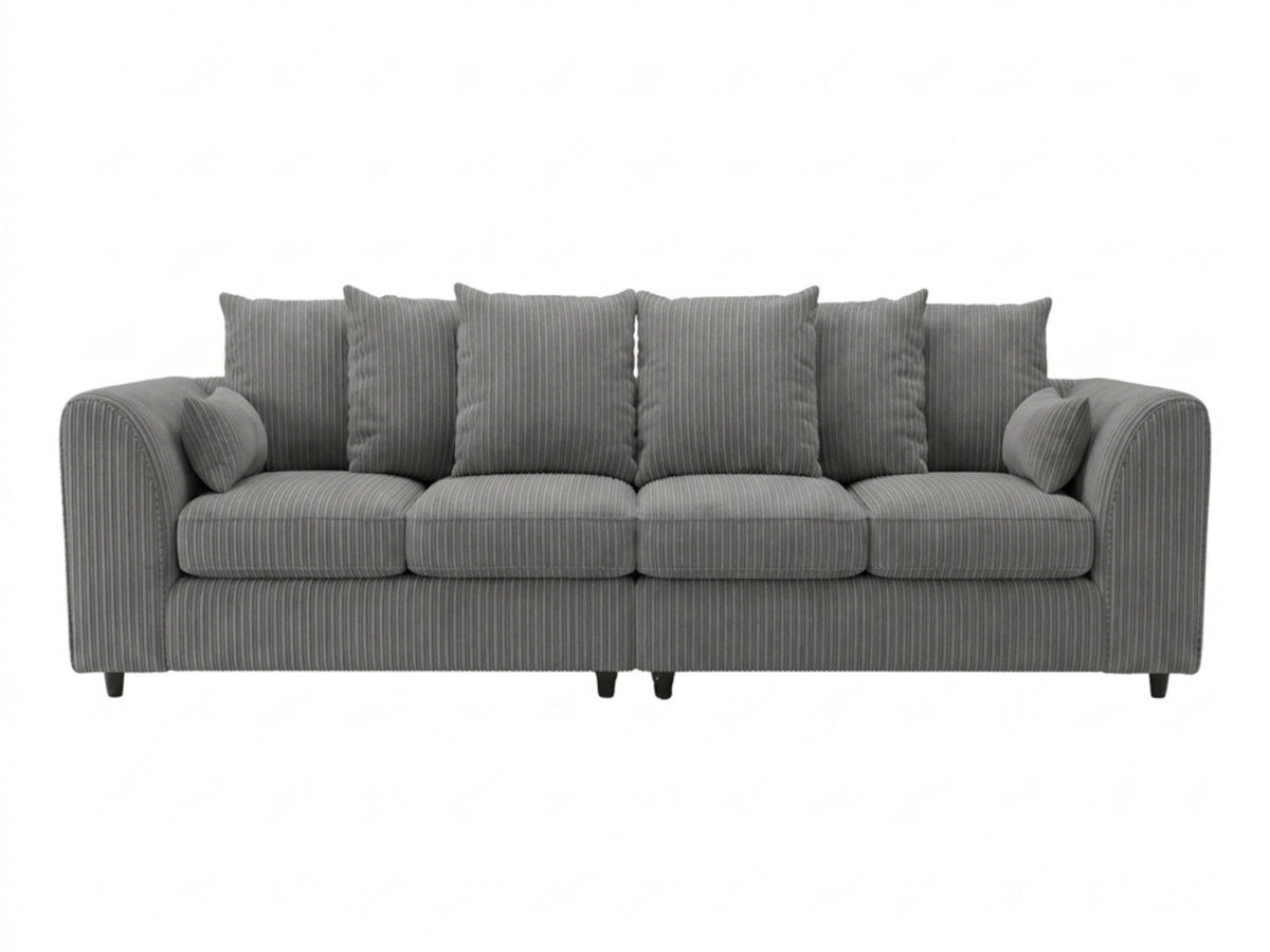 Charcoal grey Gamzo Outlet jumbo cord fabric 4-seater corner sofa with scatter back cushions and modern design.