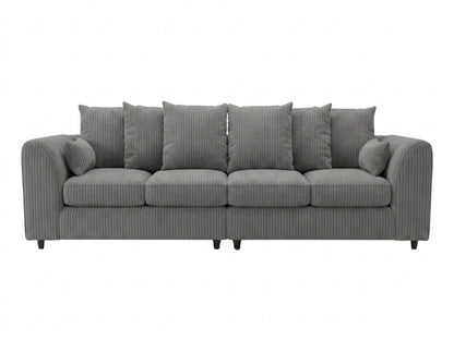 Charcoal grey Gamzo Outlet jumbo cord fabric 4-seater corner sofa with scatter back cushions and modern design.