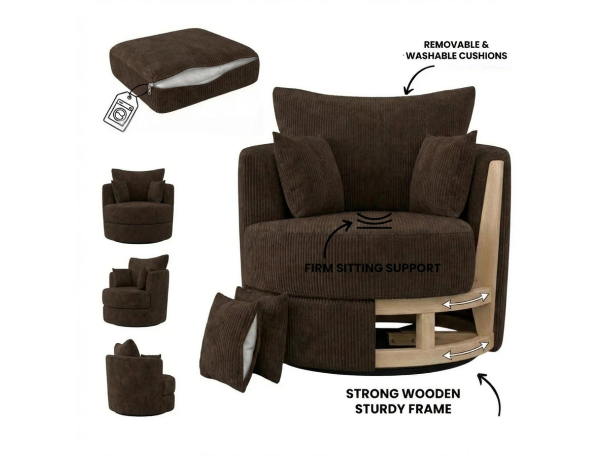 Chocolate brown Jumbo Cord fabric swivel corner chair from Gamzo Outlet, showcasing plush upholstery and modern design.
