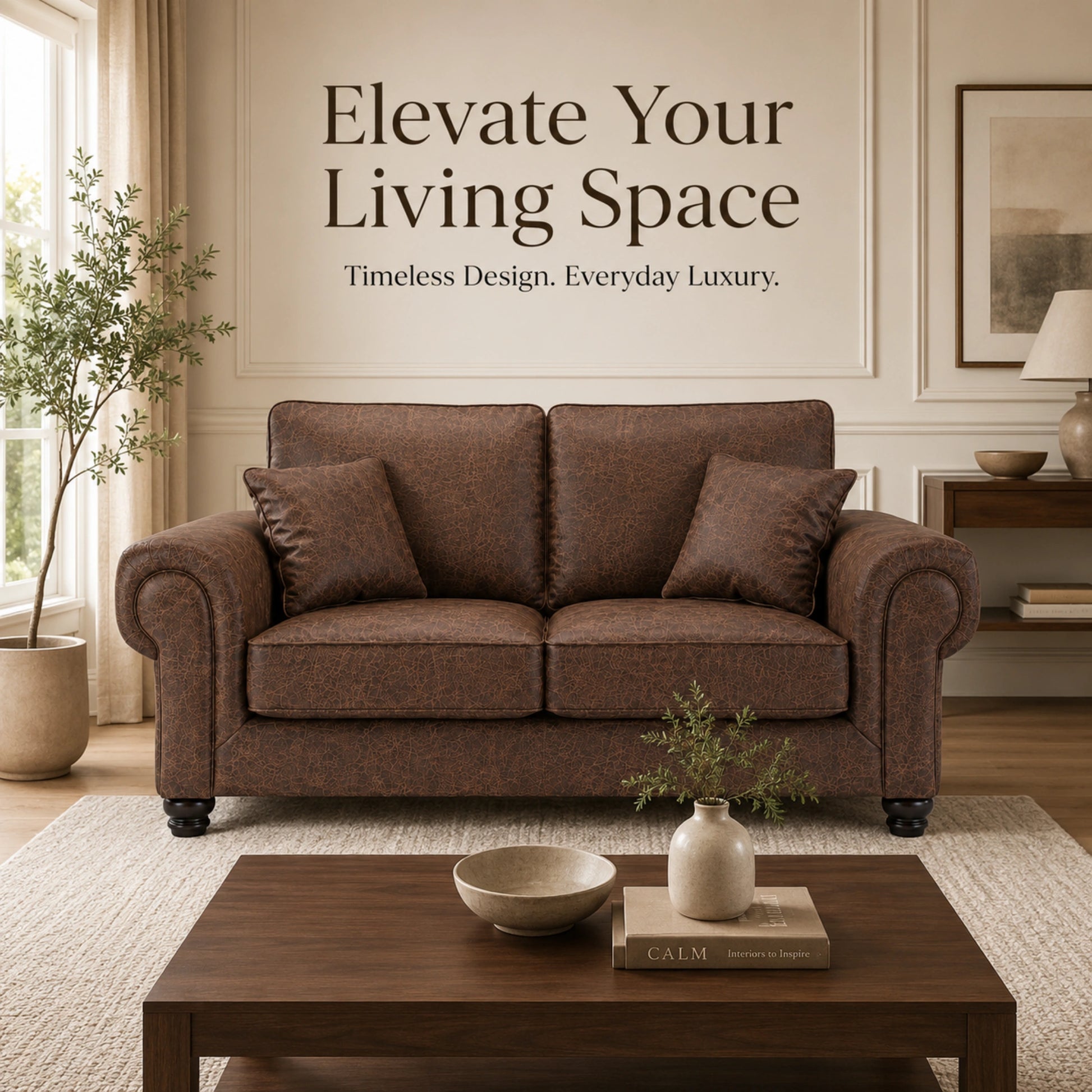 Chocolate brown leather sofa with full back and three seats, stylish and comfortable furniture from Gamzo Outlet.