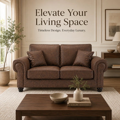 Chocolate brown leather sofa with full back and three seats, stylish and comfortable furniture from Gamzo Outlet.