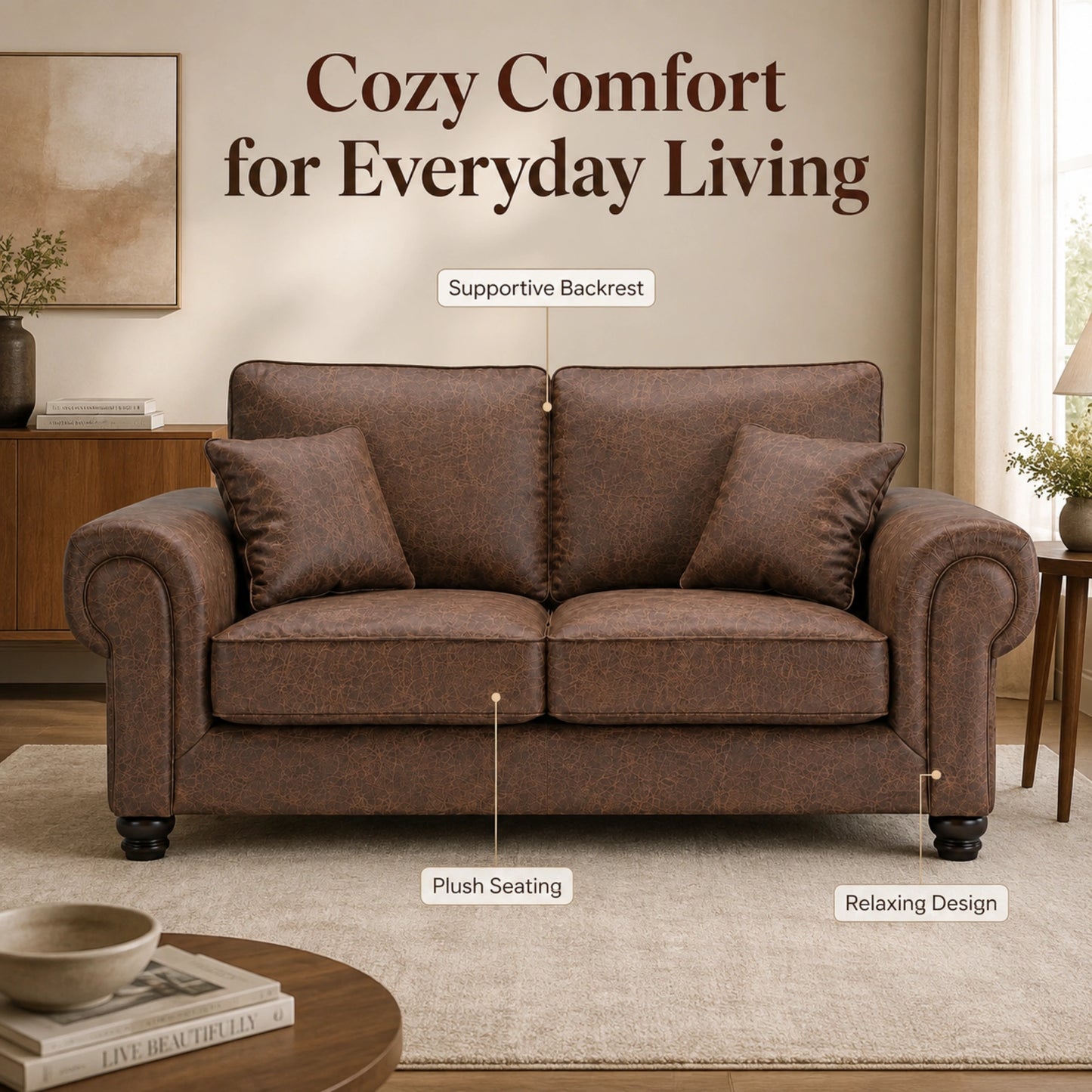 Chocolate brown Gamzo Outlet Wilcot full back leather sofa with three seats, showcasing plush cushioning and sleek design.