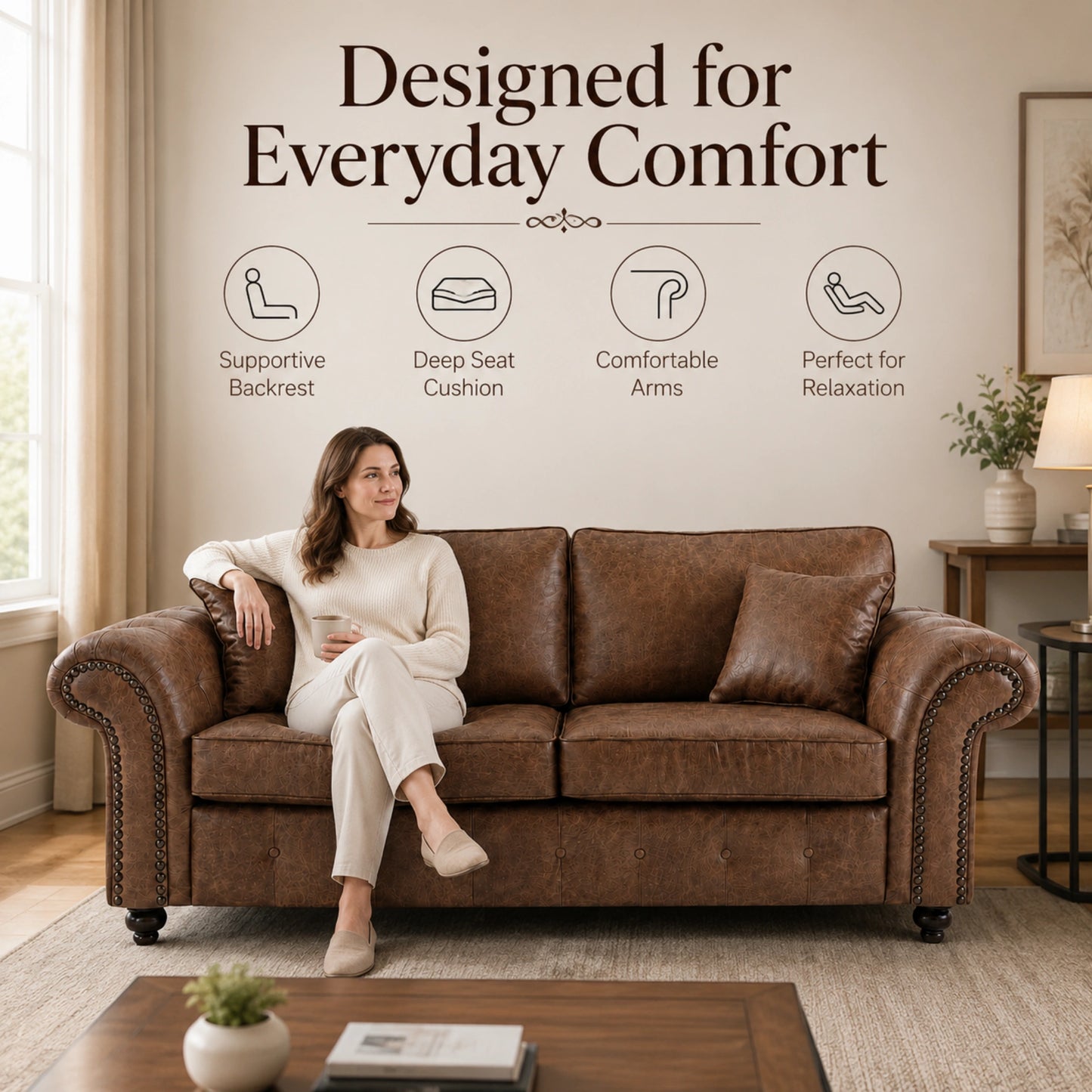 Oakland 3 Seater Full Back Leather Sofa