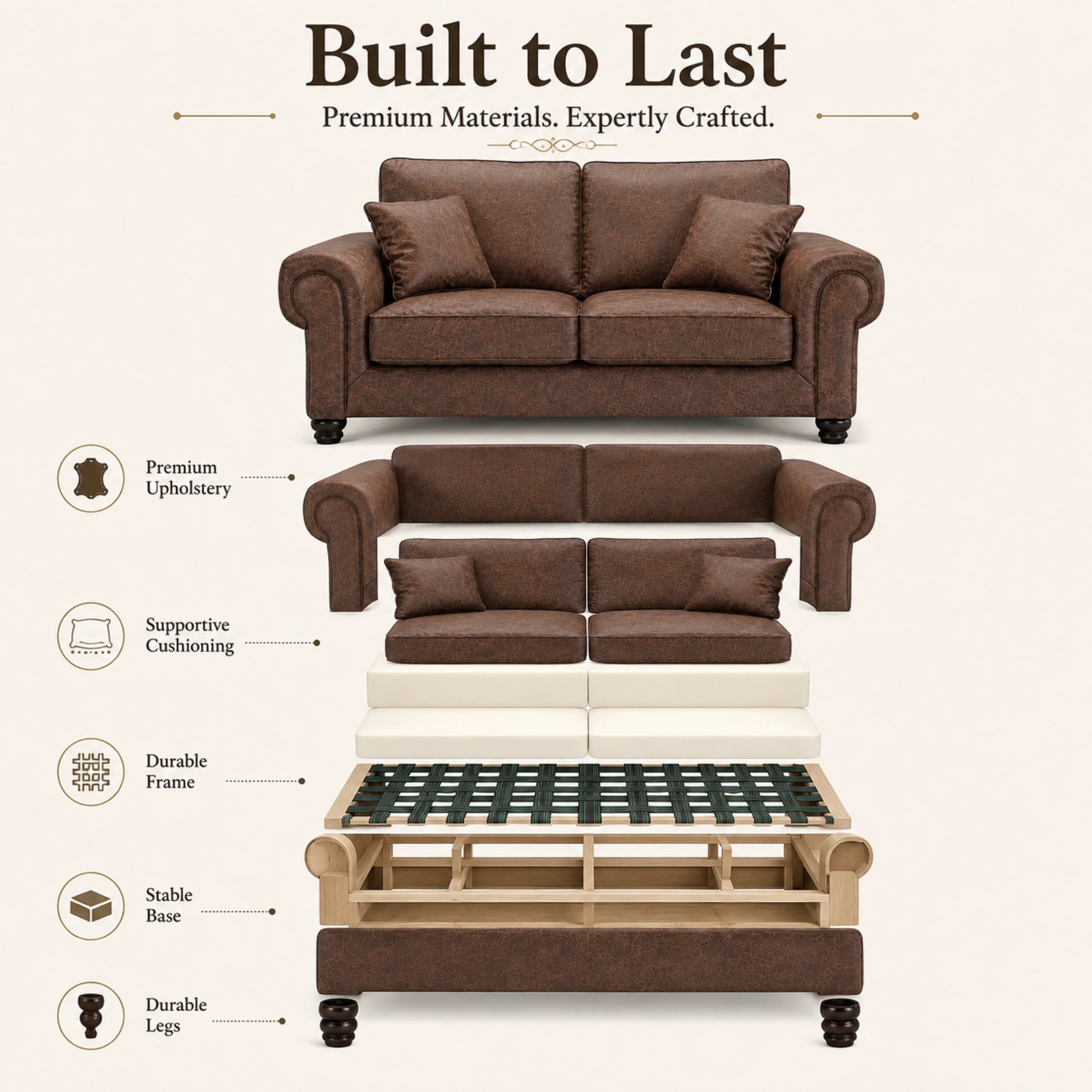 Chocolate brown Gamzo Outlet Wilcot full back leather sofa, 3-seater with plush cushions and stylish design.