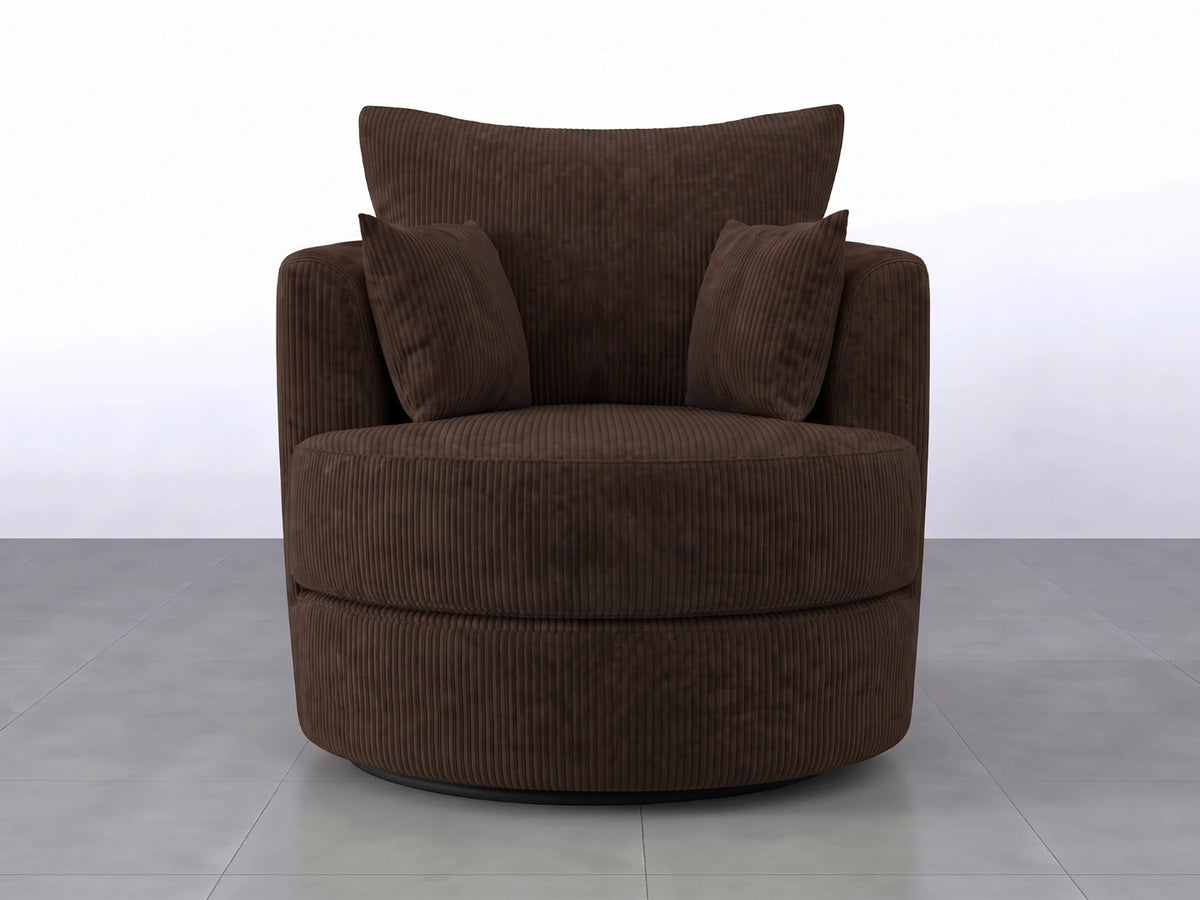 Chocolate brown jumbo cord fabric swivel corner sofa chair by Gamzo Outlet, showcasing plush upholstery and modern design.