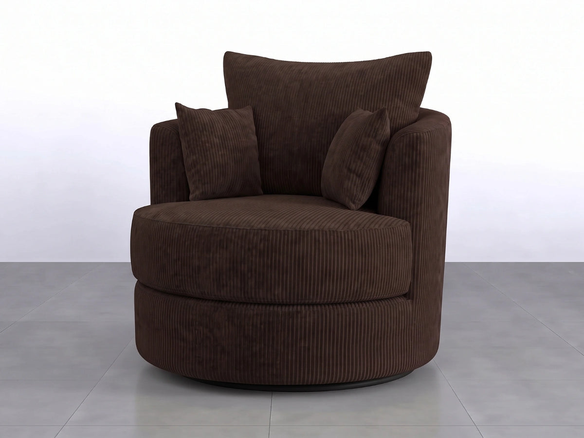 Chocolate brown jumbo cord fabric swivel corner chair from Gamzo Outlet, stylish and comfortable with plush upholstery.