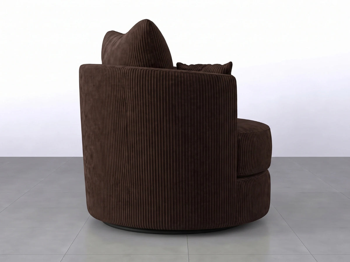 Chocolate brown jumbo cord fabric swivel corner chair from Gamzo Outlet, featuring plush cushioning and modern design.