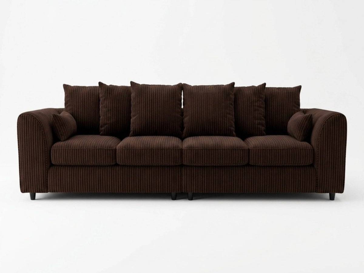 Chocolate brown Gamzo Outlet Jumbo Cord fabric 4 seater corner sofa with scatter back cushions, perfect for modern living rooms.