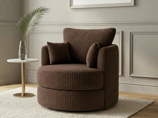 Chocolate brown jumbo cord fabric swivel corner chair by Gamzo Outlet with plush cushioning and modern design.