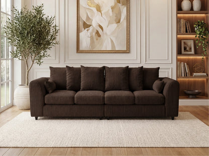 Chocolate brown jumbo cord fabric 4-seater corner sofa with scatter back cushions by Gamzo Outlet, showcasing a spacious and comfortable design.
