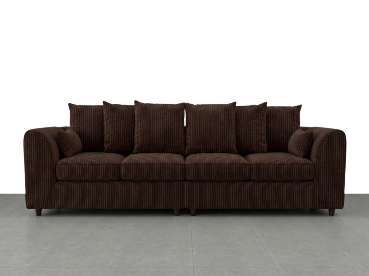 Chocolate brown Jumbo Cord fabric 4-seater scatter back corner sofa by Gamzo Outlet, showcasing plush seating and modern design.