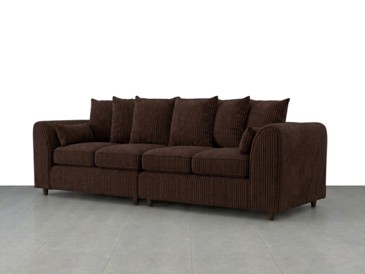 Chocolate brown jumbo cord fabric 4 seater scatter back corner sofa by Gamzo Outlet, featuring plush cushions and modern design.