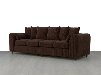 Chocolate brown jumbo cord fabric 4 seater scatter back corner sofa by Gamzo Outlet, featuring plush cushions and modern design.