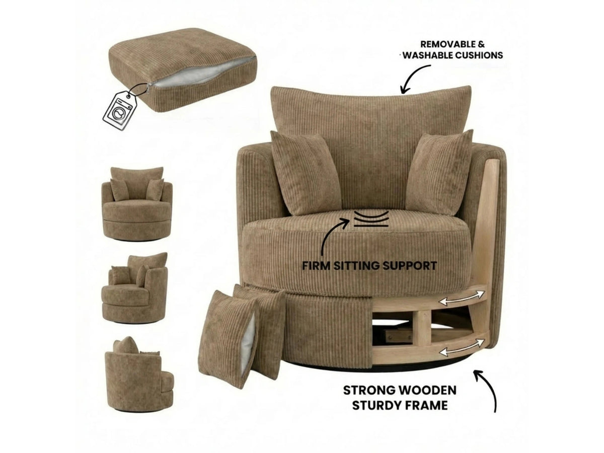 Gamzo Outlet jumbo cord fabric swivel corner chair in coffee color with plush cushioning and modern design.