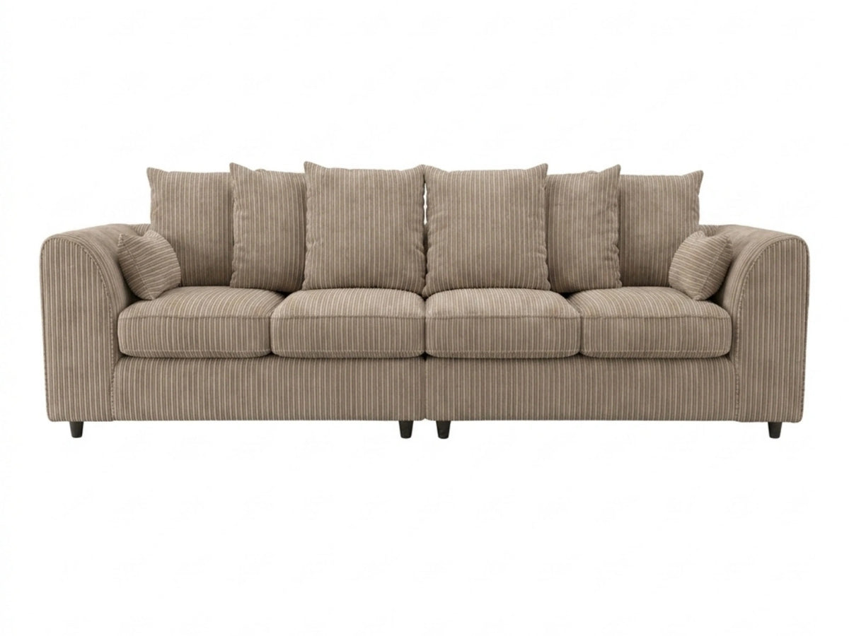 Gamzo Outlet jumbo cord fabric 4-seater corner sofa with scatter back cushions in a cozy coffee color.