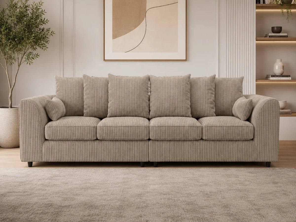 Coffee-colored Jumbo Cord fabric 4-seater scatter back corner sofa by Gamzo Outlet, showcasing plush cushions and modern design.