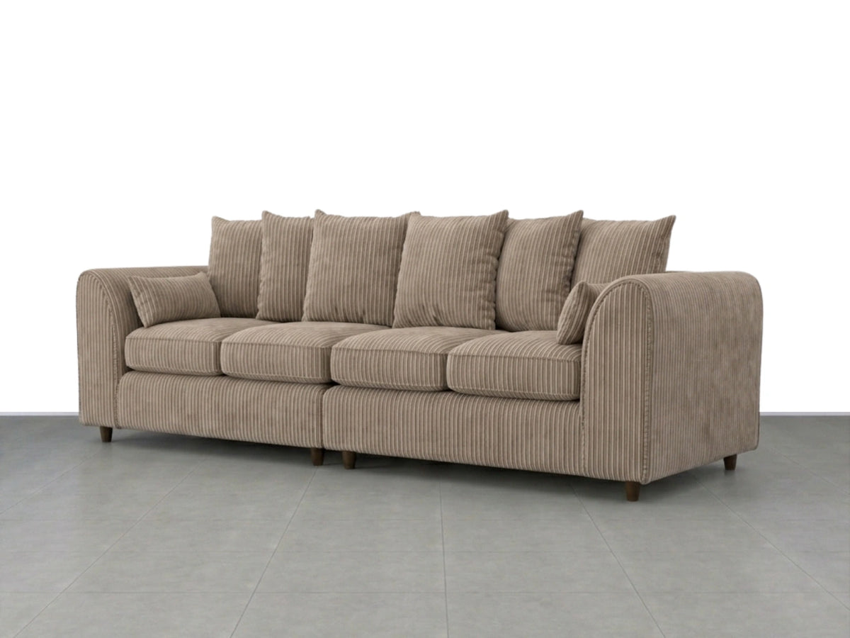 Gamzo Outlet Jumbo Cord fabric 4-seater corner sofa with scatter back cushions in a cozy coffee color.