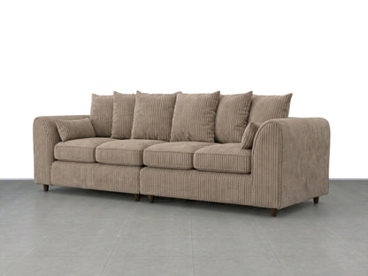 Gamzo Outlet Jumbo Cord fabric 4-seater corner sofa with scatter back cushions in a cozy coffee color.