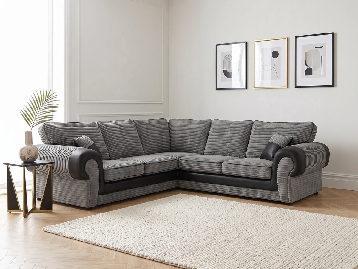 Black Tango full back corner sofa by Gamzo Outlet, showing plush fabric upholstery and spacious L-shaped design.