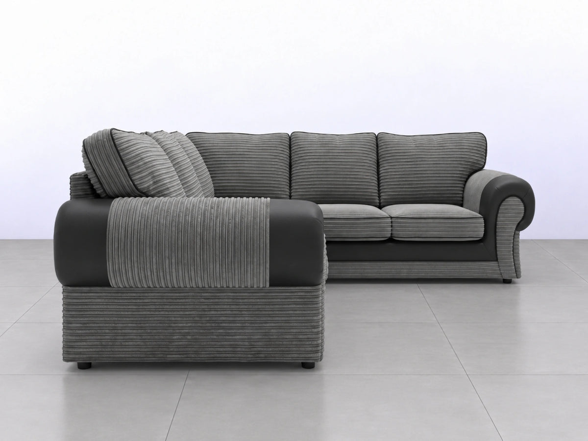 Black Tango full back corner sofa by Gamzo Outlet, showing plush upholstery and spacious L-shaped design in a modern living room setting.