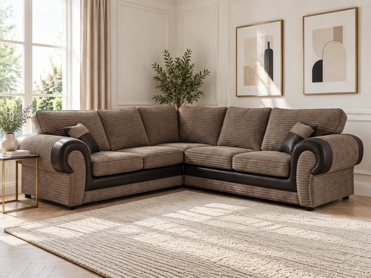 Gamzo Outlet Tango full back corner sofa in brown fabric, showcasing its spacious L-shaped design and plush seating.
