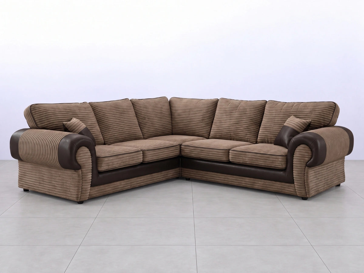 Brown Tango full back corner sofa by Gamzo Outlet, showing plush cushions and modern L-shaped design in a cozy living room setting.