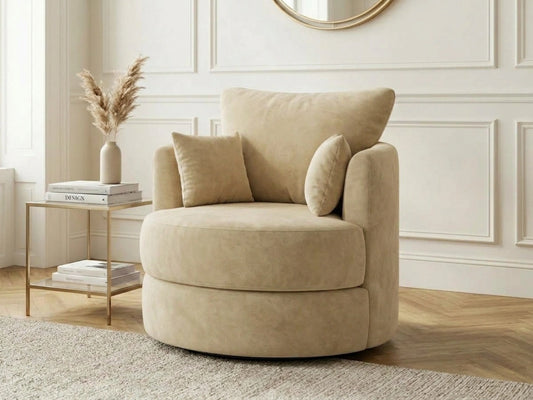 Cream plush fabric swivel corner sofa chair with a modern design, perfect for comfortable living room seating.