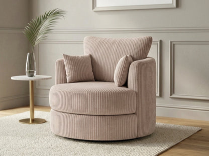 Cream Jumbo Cord Fabric Swivel Chair from Gamzo Outlet, modern corner sofa with plush cord upholstery and 360-degree swivel base.