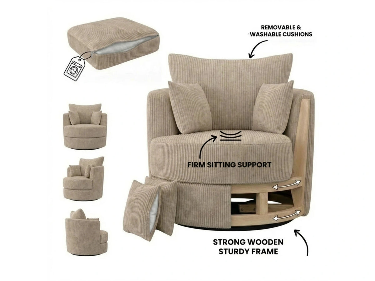 Cream jumbo cord fabric swivel chair from Gamzo Outlet, stylish corner sofa with plush upholstery and modern design.