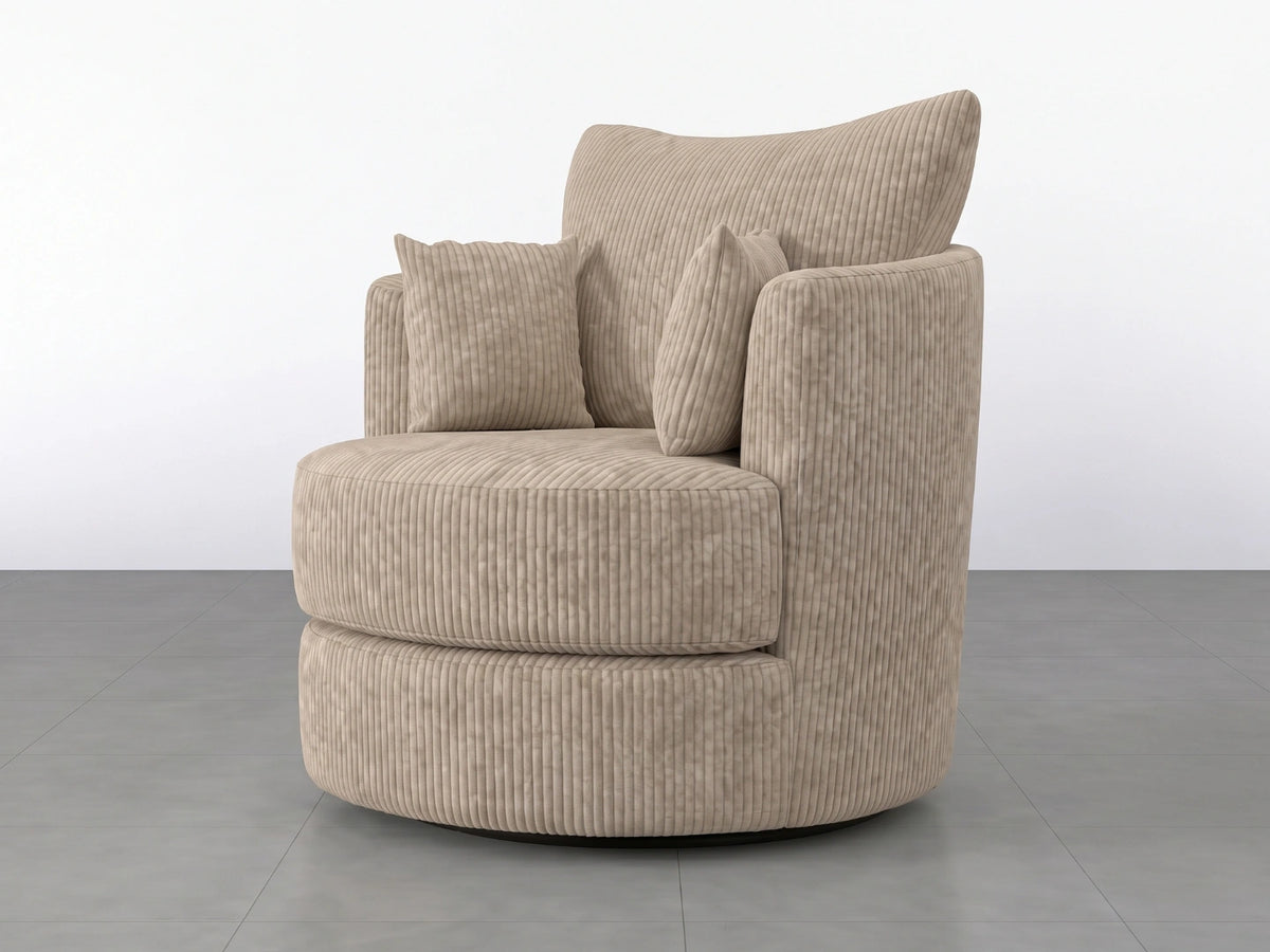 Cream jumbo cord fabric swivel corner chair from Gamzo Outlet, featuring plush cushioning and modern design.