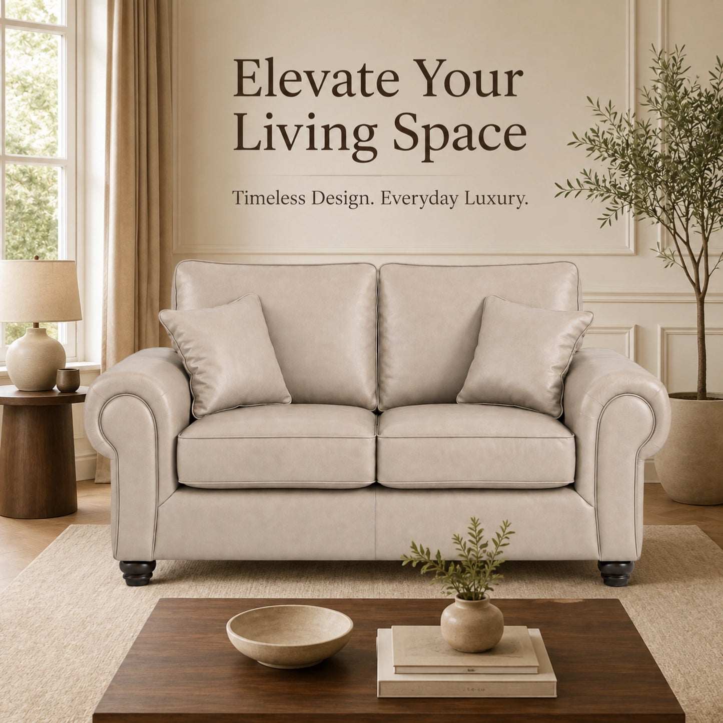 Cream leather 2-seater sofa with full back support from Gamzo Outlet, showcasing plush cushions and sleek design.