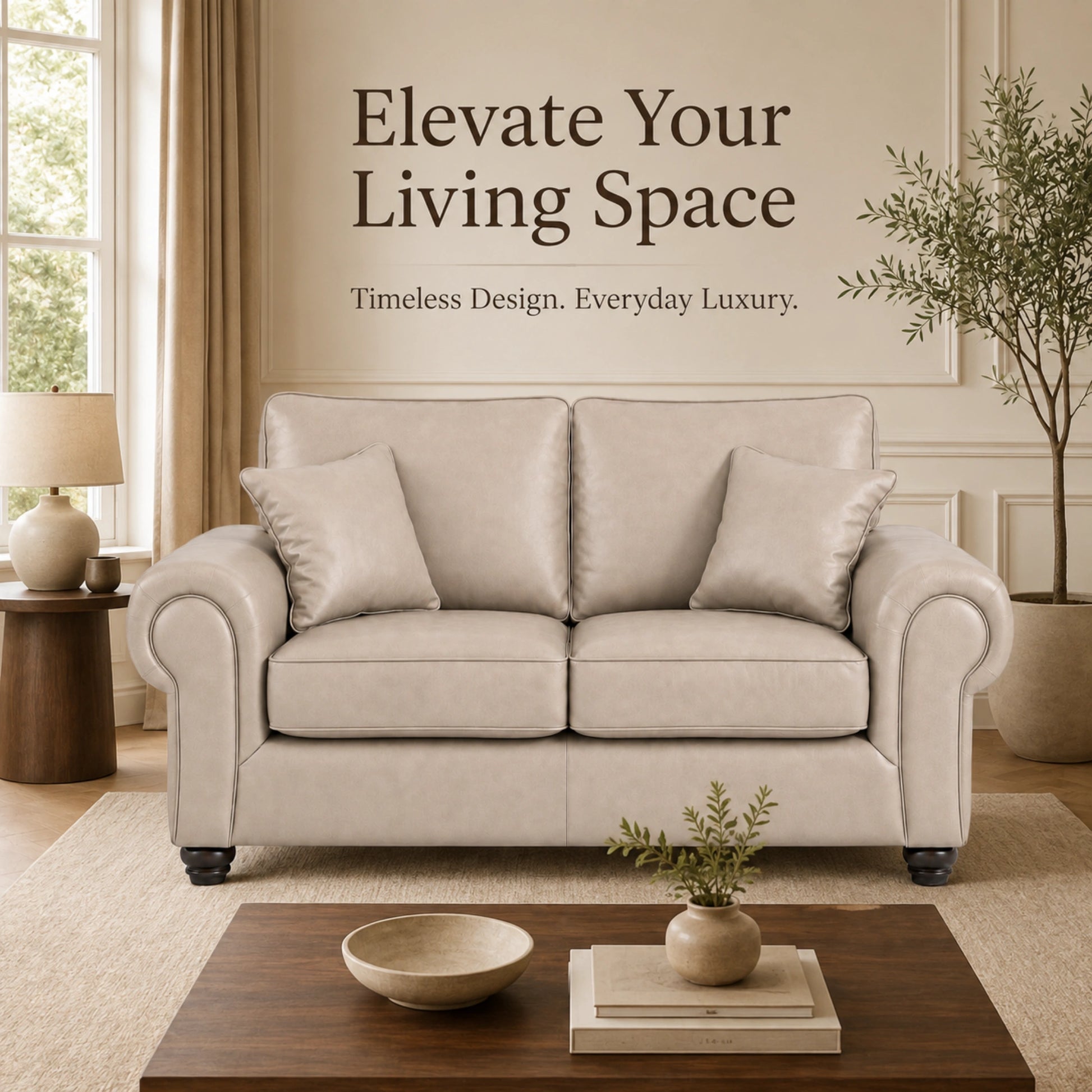 Cream leather 2-seater sofa with full back support from Gamzo Outlet, showcasing plush cushions and sleek design.
